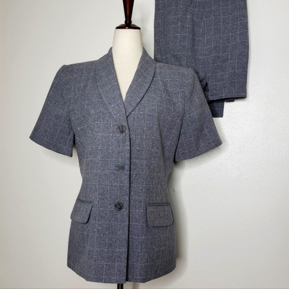 Vintage Sag Harbor Pant Suit Windowpane Gray Short Sleeve Jacket Office Summer - Picture 1 of 15
